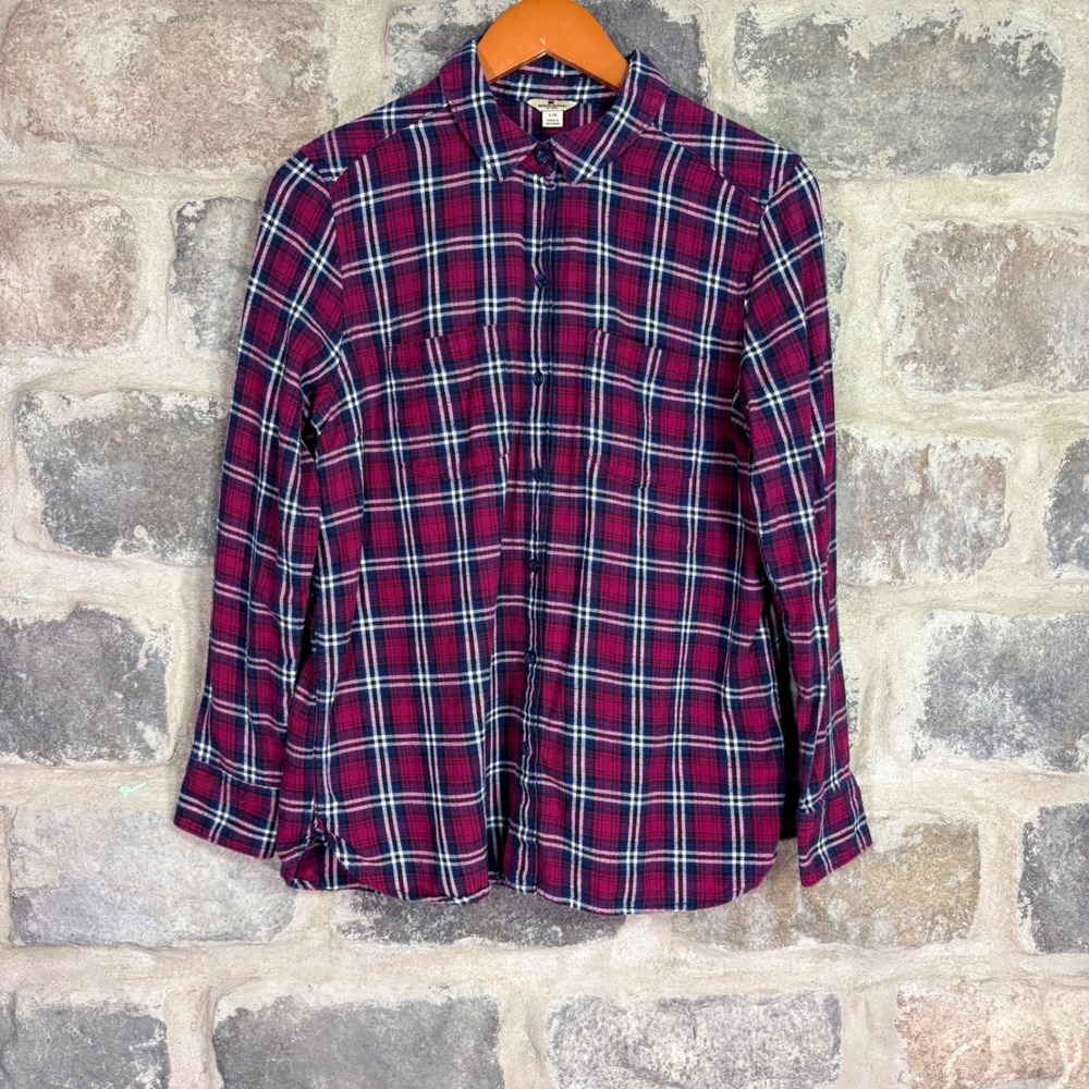 Woolrich Womens Plaid Button Down Shirt Burgundy Navy Blue Cotton HLT0669S L